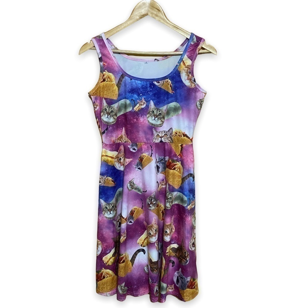 𝅺Women’s Sleeveless Taco Burrito Outer Space Cat Dress Size S